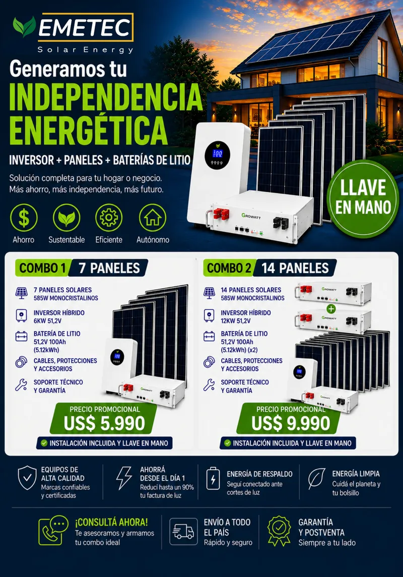 Flyer EMETEC: Combo 1 de 7 paneles a US$ 5.990 y Combo 2 de 14 paneles a US$ 9.990, instalación incluida y llave en mano